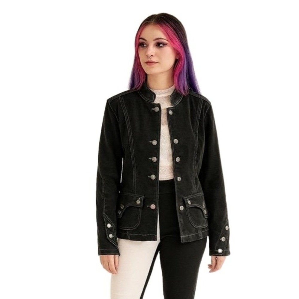 Jeanstar Jacket Womens Medium Black Corduroy Buttoned Long Sleeve Pockets